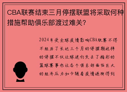 CBA联赛结束三月停摆联盟将采取何种措施帮助俱乐部渡过难关？