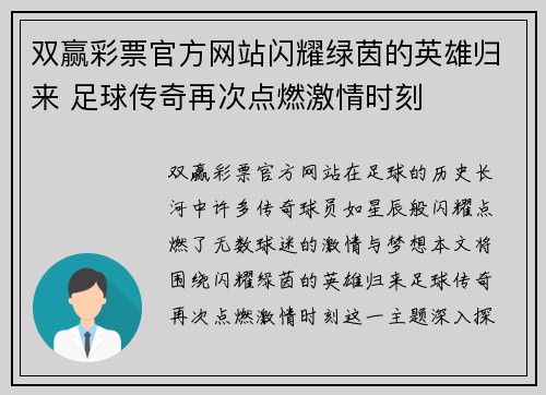 双赢彩票官方网站闪耀绿茵的英雄归来 足球传奇再次点燃激情时刻